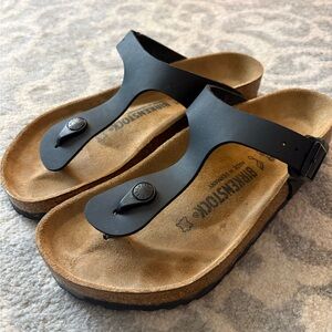 Birkenstock Black Leather Thong Sandals with Cork Footbed